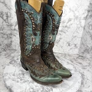 Stetson Thunderbird Studded Eagle Boot Size 7.5 Western Brown Turquoise Leather